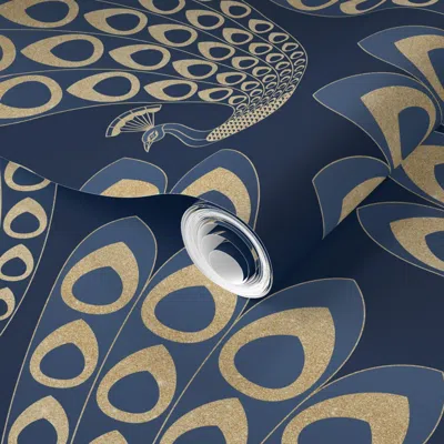 Spoonflower Pre-pasted Wallpaper Blue And Gold Art Deco Peacock - Large 2' X 12' Removable