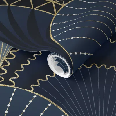 Spoonflower Pre-pasted Wallpaper Blue And Gold Art Deco Scallop / Jumbo 2' X 12' Removable