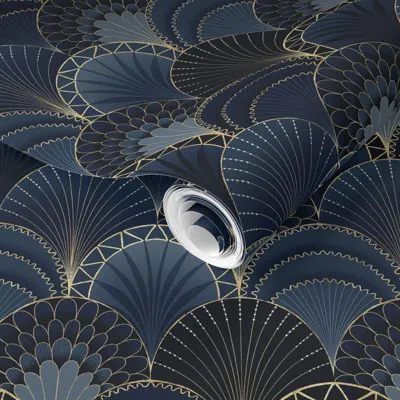 Spoonflower Pre-pasted Wallpaper Blue And Gold Art Deco Scallop / Small Scale 2' X 12' Removable