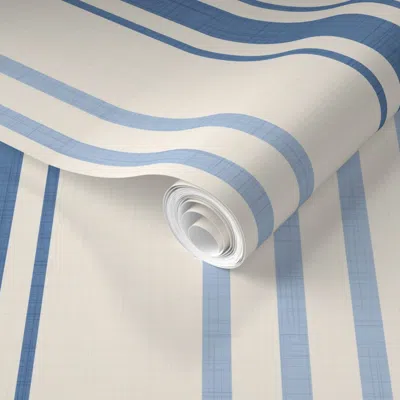 Spoonflower Pre-pasted Wallpaper Blue & Light Blue Linen Texture Ticking Stripe  Removable
