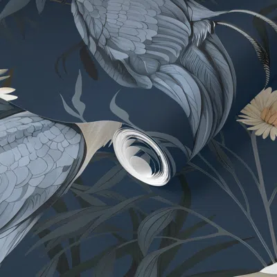 Spoonflower Pre-pasted Wallpaper Blue & White Herons On Navy Xl Exotic Bird Botanical  Art Nouveau 2' X 12' Remo