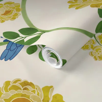 Spoonflower Pre-pasted Wallpaper Blue Birds And Yellow Roses On Watercolor Cream Background Large Format  Remova