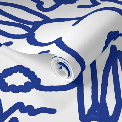 Spoonflower Pre-pasted Wallpaper Blue Bunny Fabric Bunny Bottoms Bunny Curtains 2' X 12' Removable In Multi