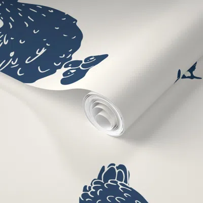 Spoonflower Pre-pasted Wallpaper Blue Chickens On Cream White Farmhouse Hens 2' X 12' Removable