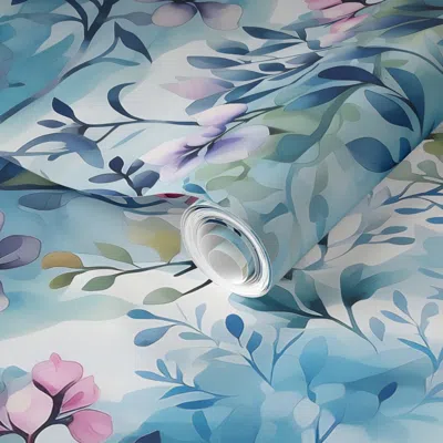 Spoonflower Pre-pasted Wallpaper Blue Floral Cinderella Magical Ice Castle Kingdom Wonderland Fairytale 2' X 12'