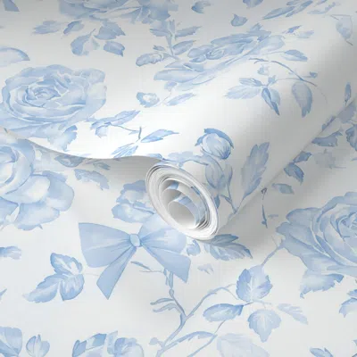 Spoonflower Pre-pasted Wallpaper Blue Flowers Blue Bows Roses Peonies Coquette Chinoiserie Vintage Floral 2' X 1