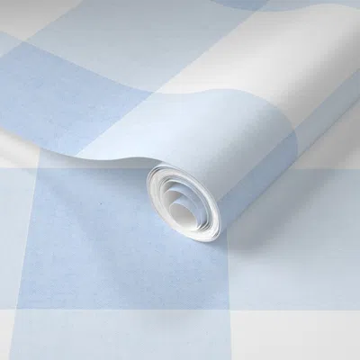 Spoonflower Pre-pasted Wallpaper Blue Gingham Home Decor Apparel Check Light Blue And White 2' X 12' Removable