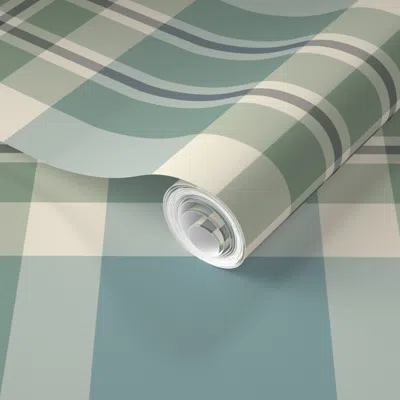 Spoonflower Pre-pasted Wallpaper Blue Green & Cream Plaid - Large Scale 2' X 12' Removable In Multi