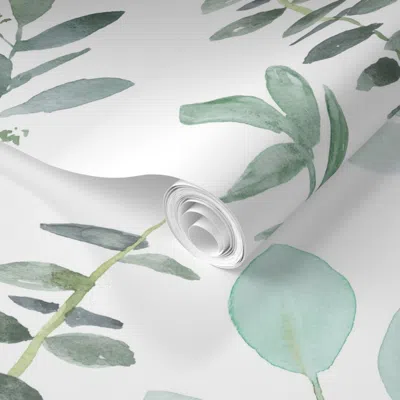 Spoonflower Pre-pasted Wallpaper Blue Green Eucalyptus Greenery Watercolor 2' X 12' Removable
