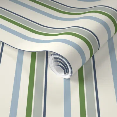 Spoonflower Pre-pasted Wallpaper Blue Green Grey And Cream Stripe Coordinating Print Large Timeless Striped 2' X