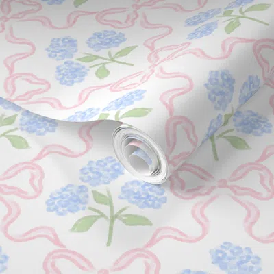 Spoonflower Pre-pasted Wallpaper Blue Hydrangea Bouquet With Pink Bow Trellis Lattice Scallop Grand 127 2' X 12' In Multi