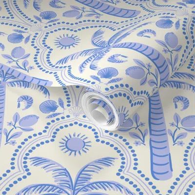 Spoonflower Pre-pasted Wallpaper Blue Palm Trees Coastal Tropical Fresh  Seashell Sun Pattern Decor  Removable