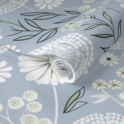 Spoonflower Pre-pasted Wallpaper Blue Sage Green Dandelion Field Floral  With White Blooms Daisy  Removable