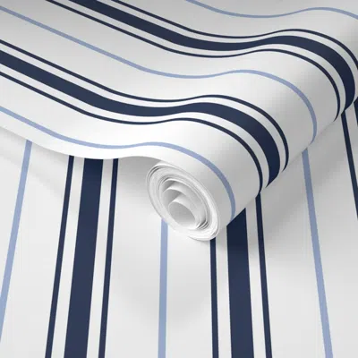 Spoonflower Pre-pasted Wallpaper Blue Stripe Navy Stripe Carolina Blue Stripe Preppy Ticking 2' X 12' Removable