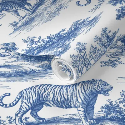 Spoonflower Pre-pasted Wallpaper Blue Toile Tiger Landscape Pattern 2' X 12' Removable