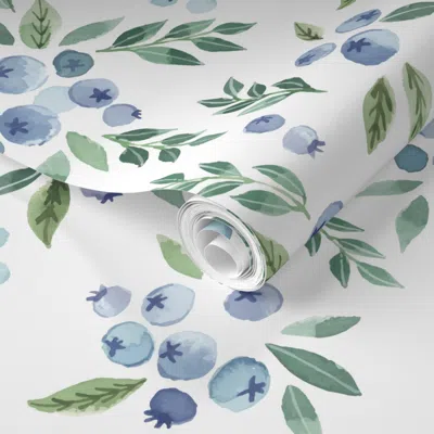 Spoonflower Pre-pasted Wallpaper Blueberries Muted On White 2' X 12' Removable