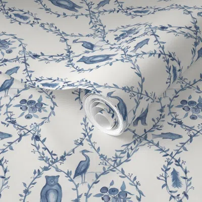 Spoonflower Pre-pasted Wallpaper Blueberry Woods Toile 2' X 12' Removable In Multi