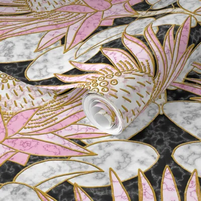 Spoonflower Pre-pasted Wallpaper Blush King Protea Art Deco (black) Large 2' X 12' Removable In Multi