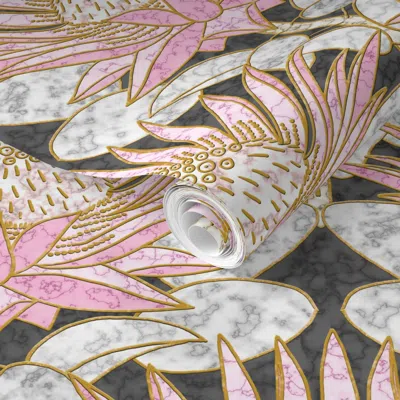 Spoonflower Pre-pasted Wallpaper Blush King Protea Art Deco (slate) 2' X 12' Removable