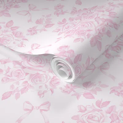 Spoonflower Pre-pasted Wallpaper Blush Pink Roses With Pink Bows Rococo Floral Coquette Parisian Victorian  Remo