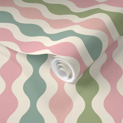 Spoonflower Pre-pasted Wallpaper Bobbly Wavy Stripes Multi-color Pink Green Ivory -medium  Removable