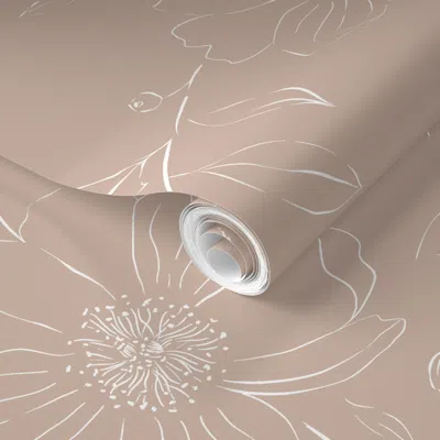 Spoonflower Pre-pasted Wallpaper Bohemian Cottagecore Floral Line Drawing - Warm Beige - Girly Feminine Chic 2'  In Pink