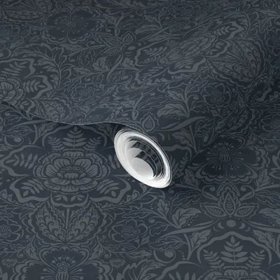 Spoonflower Pre-pasted Wallpaper Bohemian Floral Damask - Large - Dark Indigo 2' X 12' Removable In Blue