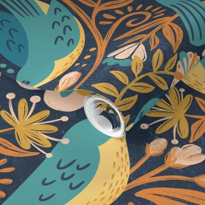 Spoonflower Pre-pasted Wallpaper Boho Bird Floral - Large Scale 2' X 12' Removable