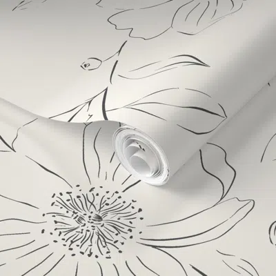 Spoonflower Pre-pasted Wallpaper Boho Farmhouse Cottagecore Sketched Floral - Charcoal & Cream Shabby Chic 2' X 