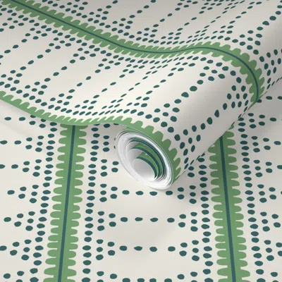 Spoonflower Pre-pasted Wallpaper Boho Summer Stripe - Green On Cream - Medium 2' X 12' Removable