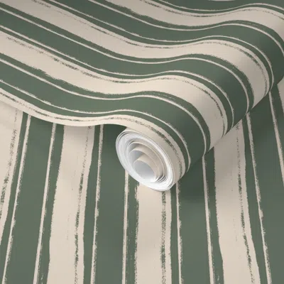 Spoonflower Pre-pasted Wallpaper Boho Sweet Peas Ticking Stripe In Cream On Sage Green 2' X 12' Removable