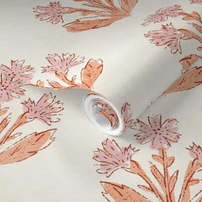 Spoonflower Pre-pasted Wallpaper Boho Wildflowers In The Snow Pink And Peach 2' X 12' Removable