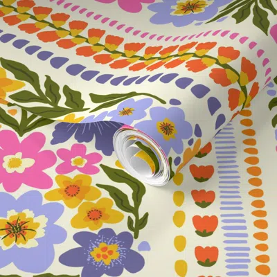 Spoonflower Pre-pasted Wallpaper Bold Floral Folk Art Stripes (m) 18in 2' X 12' Removable In Multi