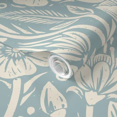 Spoonflower Pre-pasted Wallpaper Botanical Block Print In Mist Blue - Modern Carved Floral 2' X 12' Removable