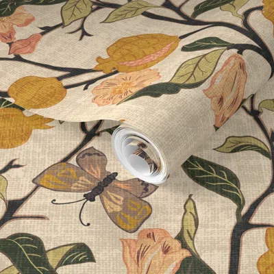 Spoonflower Pre-pasted Wallpaper Botanical Victorian Pomegranates With Texture- On Tan Background Large  Removab