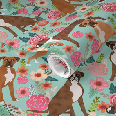 Spoonflower Pre-pasted Wallpaper Boxer Dog Flowers Florals Mint Cute Flowers Vintage Florals Boxer Dogs 2' X 12'