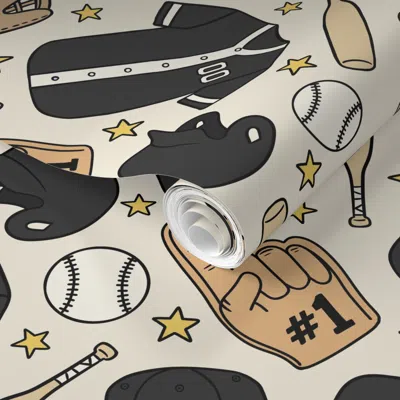 Spoonflower Pre-pasted Wallpaper Boys Baseball Design With Baseball Mitt Bat Ball With Black Jersey 2' X 12' Rem