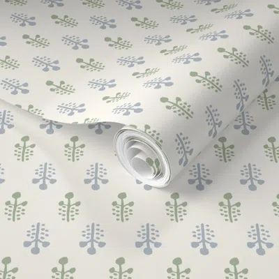 Spoonflower Pre-pasted Wallpaper Brent Quiet Blue Green On Cream  Removable
