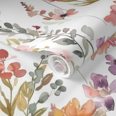 Spoonflower Pre-pasted Wallpaper Bright Wildflower Peach Purple Botanical Watercolor Small Pink Floral 2' X 12' 