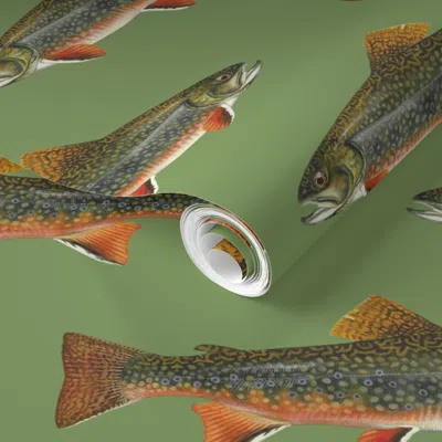 Spoonflower Pre-pasted Wallpaper Brook Trout (5.5") On Vintage Green 2' X 12' Removable In Multi