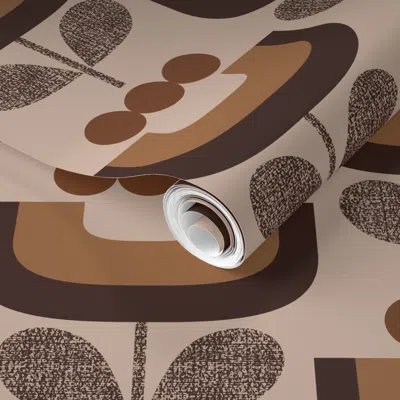 Spoonflower Pre-pasted Wallpaper Brown 70s Blooms 2' X 12' Removable