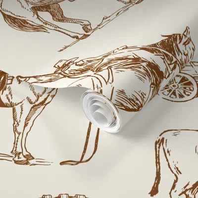 Spoonflower Pre-pasted Wallpaper Brown On Buff Cowboy Toile De Jouy 2' X 12' Removable