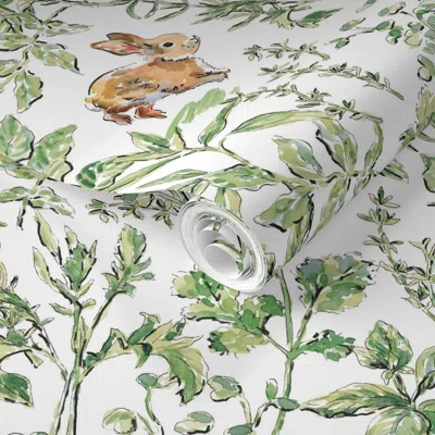 Spoonflower Pre-pasted Wallpaper Bunny Toile Green 2' X 12' Removable