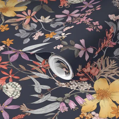 Spoonflower Pre-pasted Wallpaper Bush Bouquet (navy) 2' X 12' Removable