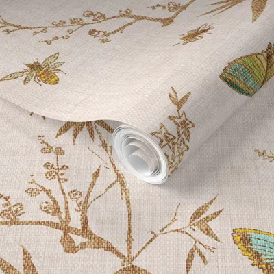 Spoonflower Pre-pasted Wallpaper Butterfly Chinoiserie (cream) Lrg 2' X 12' Removable In Neutral