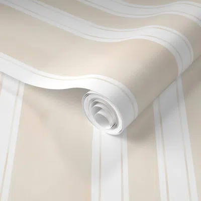 Spoonflower Pre-pasted Wallpaper Cabana In Beige And White Coastal Chic Watercolor Wide Stripe 2' X 12' Removabl