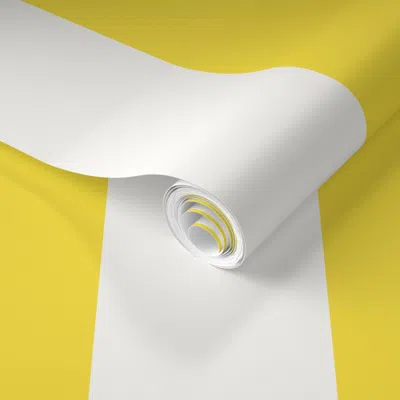 Spoonflower Pre-pasted Wallpaper Cabana Stripes Mid Century Palm Springs Buttercup Yellow And Off White 4in 2' X