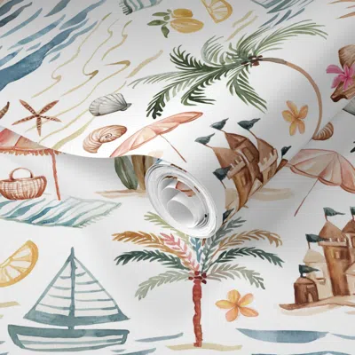 Spoonflower Pre-pasted Wallpaper California Beach Medium On White 2' X 12' Removable
