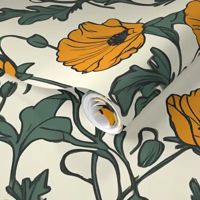 Spoonflower Pre-pasted Wallpaper California Poppies 2' X 12' Removable