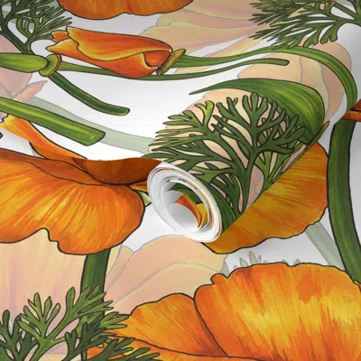 Spoonflower Pre-pasted Wallpaper California Poppies On White 2' X 12' Removable